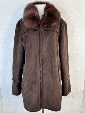 Wilsons Leather Jacket Women's Large Dark Brown Suede Fox Fur  Full Zip Y2K MINT
